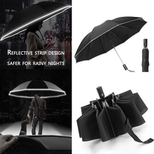 Cargar imagen en el visor de la galería, UV Folding Automatic Umbrella Rain Wind Resistant Trip Sun Umbrellas 10 Ribs Portable Reverse Umbrella Reflective Stripe