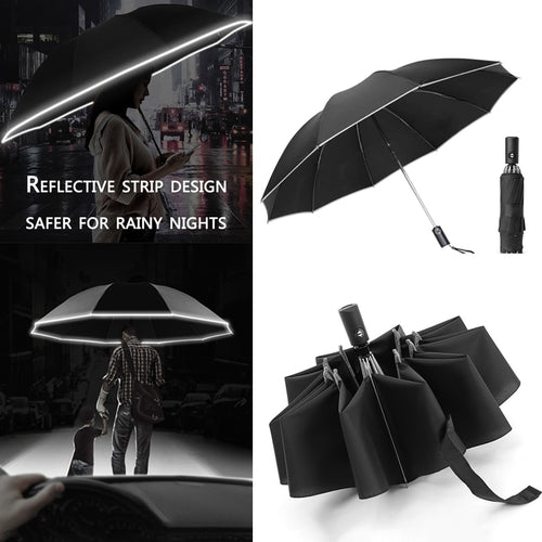 UV Folding Automatic Umbrella Rain Wind Resistant Trip Sun Umbrellas 10 Ribs Portable Reverse Umbrella Reflective Stripe