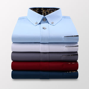 Men's Business Short Sleeve Blue Solid Dress Shirt Soft Non-iron Fashion Regular Fit Turn-down Collar Checked Smart Casual Shirt