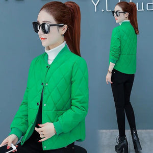 2020 Autumn Green Black Jacket Women Korean Parkas Lady Solid Short Jackets Female O-neck Casual Outwear Coats