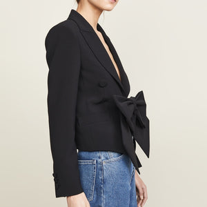Casual Black Blazer Coat Women Jacket 2021 Spring Sexy Deep V Neck Bow Tie Office blazer Female Vintage Oversized Slim Suit Coat