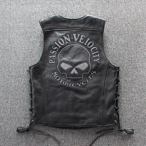 Plus Size Cycling Wear Cow Skin Leather Vest Vintage Motorcycle Skull Leather Vest Black Color
