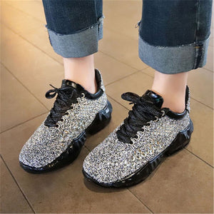 2020 New Women Chunky Sneakers Designer Dad Shoes Platform Shining Black Silver Ladies Bling Fashion Leather Casual Shoes Woman