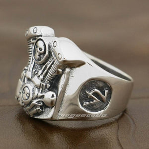 V2 Skull Motorcycle Engine 925 Sterling Silver Mens Biker Punk Ring 8Y009 US Size 7 to 14