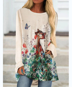 2020 Autumn Cat Print Long Sleeve O Neck Women T-shirt Fashion Solid Color Cartoon Print Loose Tops