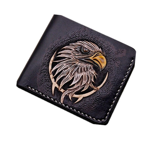 Hand-made Short Carving Eagle Wallets Purses Men Vegetable Tanned Leather Wallet Card Holder Souvenir Gift Customization