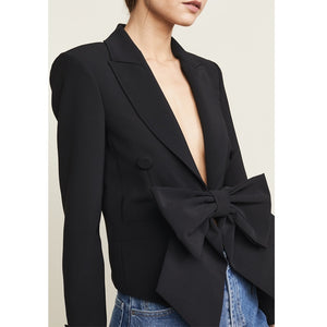 Casual Black Blazer Coat Women Jacket 2021 Spring Sexy Deep V Neck Bow Tie Office blazer Female Vintage Oversized Slim Suit Coat