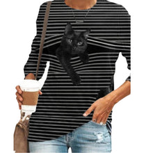 Cargar imagen en el visor de la galería, Striped Cat Print Fashion Casual Long-sleeved T-shirt Retro Classic Black White Striped O-neck Pullover Tops Women Street Tshirt