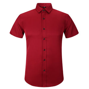 Anti-Wrinkle No-Ironing Elasticity Slim Fit Men Dress Casual Summer Short Sleeve Shirt White Black Blue Red Male Social Shirts