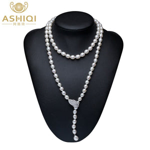 ASHIQI 90CM Cultured Natural Freshwater Pearl Necklace 925 silver Long Sweater chain Fashion collocation Jewellery women gift