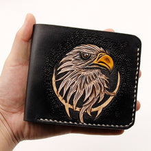 Cargar imagen en el visor de la galería, Hand-made Short Carving Eagle Wallets Purses Men Vegetable Tanned Leather Wallet Card Holder Souvenir Gift Customization