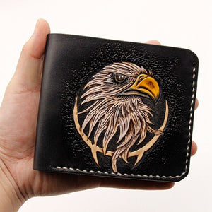 Hand-made Short Carving Eagle Wallets Purses Men Vegetable Tanned Leather Wallet Card Holder Souvenir Gift Customization