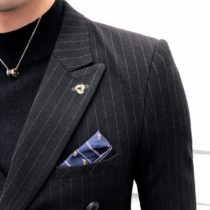 ( Jacket + Pants ) High-end Fashion Striped Men's Formal Double-breasted Business Suit Groom Wedding Dress Mens Suit 2 Piece Set