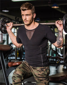 Updated Seamless Mesh Patchwork Men Sports Compression T Shirt Gym Fitness Running Bodybuilding Slim Waist  Dry Quick Tights