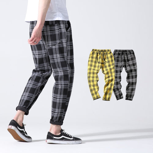 Spring Autumn Plaid Casual Trousers Men Cotton Slim Fit Joggers Men Skinny Grid Jogger Pants Men