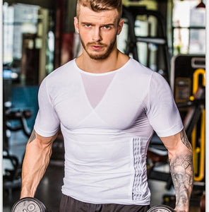 Updated Seamless Mesh Patchwork Men Sports Compression T Shirt Gym Fitness Running Bodybuilding Slim Waist  Dry Quick Tights