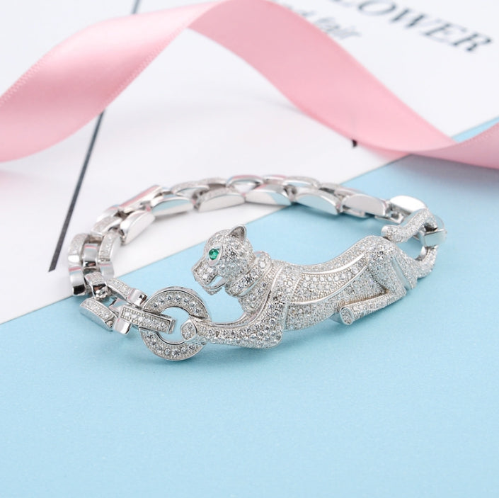 Hot Brand Pure 925 Sterling Silver Jewelry For Women Panther Bangle Full Stone Leopard Bangle Wedding Jewelry Big Chain Bracelet