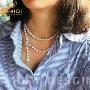 ASHIQI 90CM Cultured Natural Freshwater Pearl Necklace 925 silver Long Sweater chain Fashion collocation Jewellery women gift