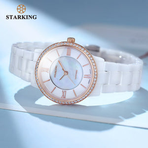 STARKING Brand Luxury Women Watches White Ceramic Diamond Ladies Watch Gift Sapphire Quartz Wristwatch Relogios Femininos Clock