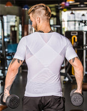 Cargar imagen en el visor de la galería, Updated Seamless Mesh Patchwork Men Sports Compression T Shirt Gym Fitness Running Bodybuilding Slim Waist  Dry Quick Tights