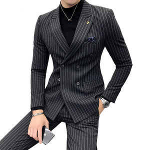 ( Jacket + Pants ) High-end Fashion Striped Men's Formal Double-breasted Business Suit Groom Wedding Dress Mens Suit 2 Piece Set