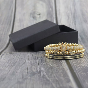 3pcs/Set Luxury men Crown Bracelets CZ Ball crown Charm copper beads Braided Braiding men bracelets & bangles for Men Jewelry