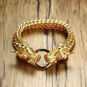 Men's Punk Double Dragon Head Herringbone Chain Bracelet for Men Braslet Stainless Steel Gold Tone Hip Hop Male Jewelry 22.5cm