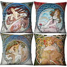 Cargar imagen en el visor de la galería, Classical Mucha Gallery Beauty Linen Decorative Throw Green Pillows Case Set Decor Home Cartoon Cushion Covers for Sofa Car