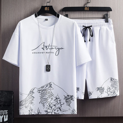 2021 New Men's T-shirt + Sports Shorts Set Summer Breathable Casual T-shirt Running Set Fashion Harajuku Printed Male Sport Suit