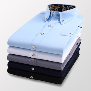 Men's Business Short Sleeve Blue Solid Dress Shirt Soft Non-iron Fashion Regular Fit Turn-down Collar Checked Smart Casual Shirt