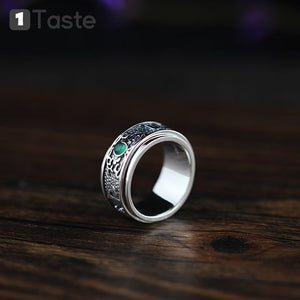 ONE TASTE 925 Sterling Thai Silver Men's Ring Buddhism Mantra Chalcedony Rotated Outside Circle Rings Fine Jewelry Trendy Gift