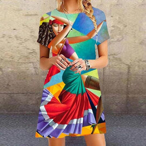 Vintage O Neck Short Sleeve Summer Beach Dress Women Elegant Pattern Print Mini Dress 2020 New Fashion Loose Lady Short Dresses