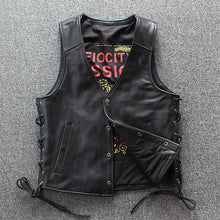 Cargar imagen en el visor de la galería, Plus Size Cycling Wear Cow Skin Leather Vest Vintage Motorcycle Skull Leather Vest Black Color