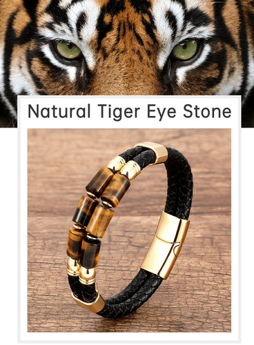 Pulsera de cuero trenzado y ojo de tigre pulido de 19,21,23cm