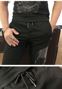 Freeship mens rhinestone rebordear sudaderas negras de manga corta camiseta con pantalones cintura elástica para hombre set fashion / studio / bling style