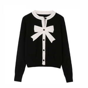 2020 Sweet Cardigan Female Black White Color Block Bow Patchwork O-neck Single Breasted Knitted Sweater Women sueter mujer C-041