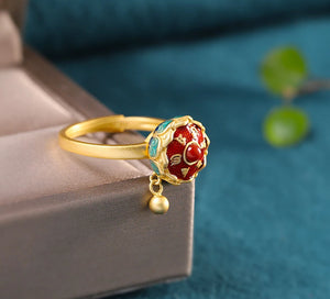 925 Sterling Silver Gold Plated Cloisonne Agate Lotus Throne Rings Open Vintage Chinese Style Gemstone Ring Fine Jewelry Women