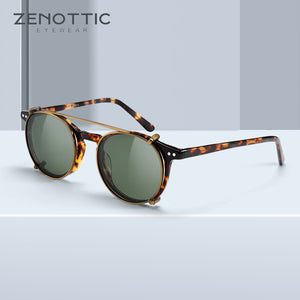 Gafas con clip extraible doble capa, polarizadas redondo unisex, marco acetato, 40mm