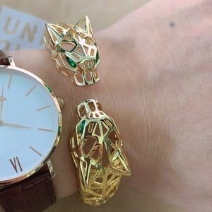 Hollow Jewelry: Brazalete y anillo cabeza pantera cobre, chapada oro alta calidad Dubai