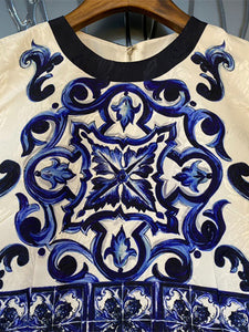 Mosaic dress: estampado de porcelana azul y blanca, sin mangas XL