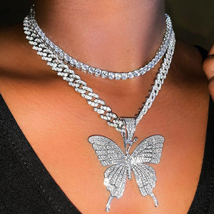 Gargantilla de eslabones cubanos colgante de mariposa, Hip Hop, diamantes de imitación.