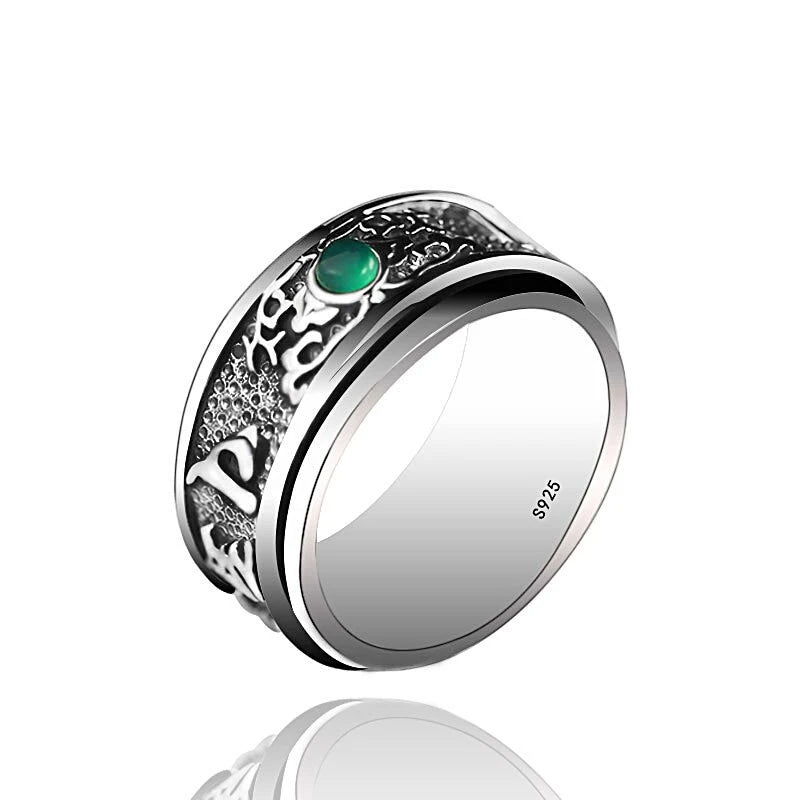 ONE TASTE 925 Sterling Thai Silver Men's Ring Buddhism Mantra Chalcedony Rotated Outside Circle Rings Fine Jewelry Trendy Gift