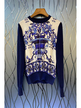 Cargar imagen en el visor de la galería, Moda mosaico azul y blanco, suéter de seda autentica de pasarela XL