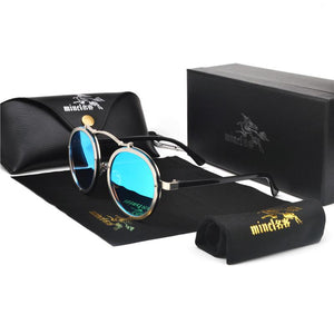 MINCL 2019 Nueva moda gafas de sol redondas de metal punk Gafas de sol para hombres y mujeres Diseñador de la marca Gafas de sol retro UV400 con caja NX