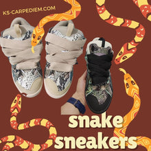 Cargar imagen en el visor de la galería, Sneakers cuero plataforma transpirables cordones serpiente beig y negro