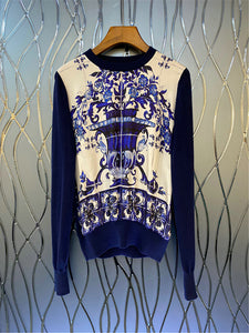 Moda mosaico azul y blanco, suéter de seda autentica de pasarela XL