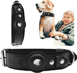 Funda con soporte Airtag para perro, Collar de cuero sólido y antipérdida, de alta resistencia