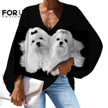 Cargar imagen en el visor de la galería, Blusa holgada V manga abollonada perros malteses, talla grande 2XL