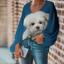 Cargar imagen en el visor de la galería, Blusa holgada V manga abollonada perros malteses, talla grande 2XL