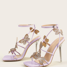Cargar imagen en el visor de la galería, Zapatos tacón alto fino diseño mariposa punta cuadrada. 8cm. 35-40